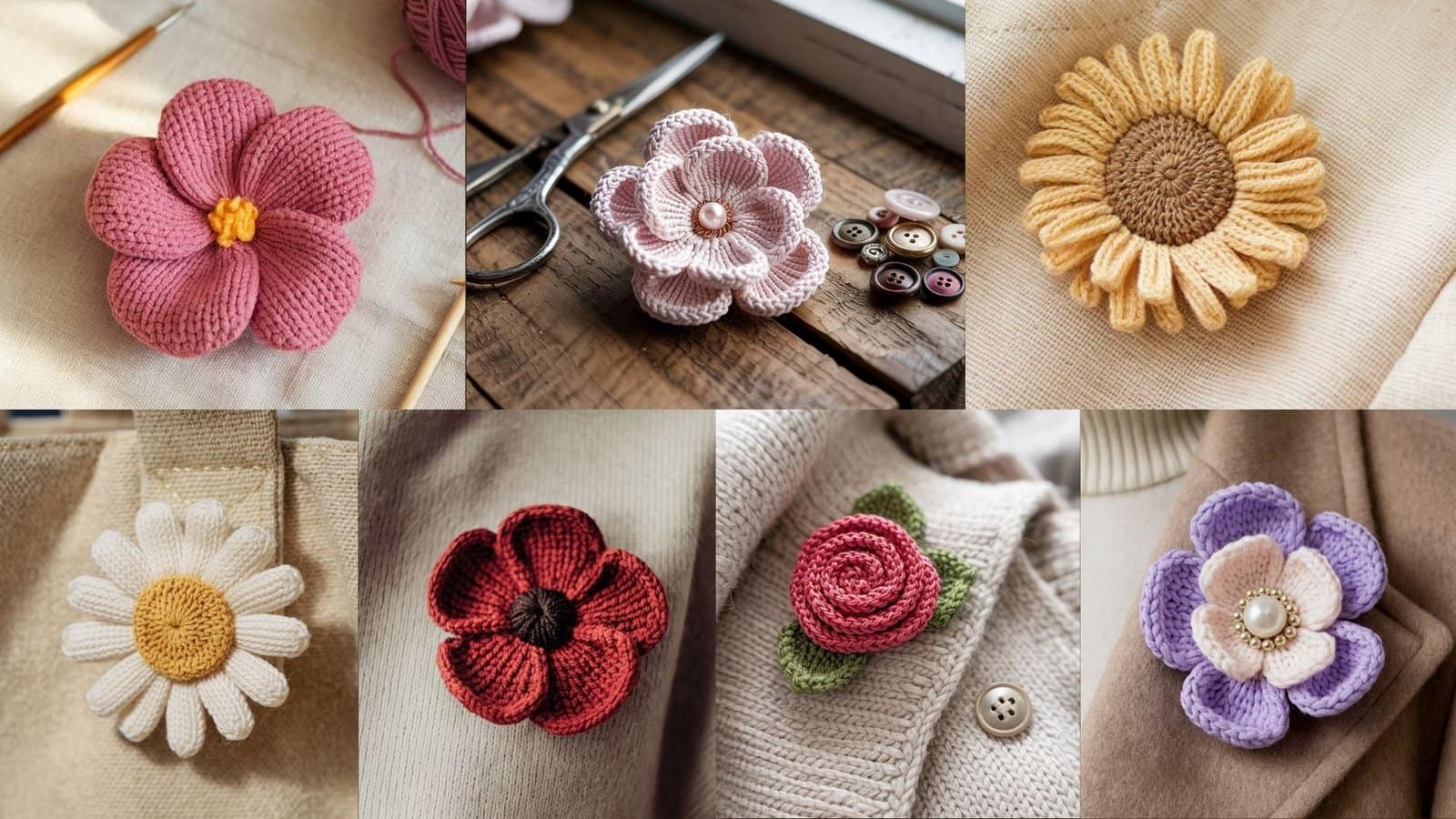 7 Knit Flower Brooch Tutorial for Handmade Accessories - Fixie Craft